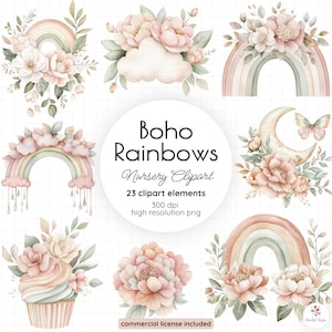 Clipart de arcoíris boho para guardería / Clipart floral boho / Arte de acuarela para guardería / Clipart de guardería / Clipart de arcoíris de acuarela / Tendencias actuales