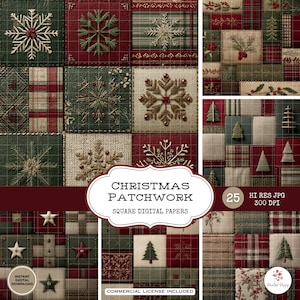 May include: A selection of Christmas-themed digital papers with a patchwork design. The papers feature squares with snowflakes, stars, and Christmas trees in red, green, and beige tones. The image includes the text "CHRISTMAS PATCHWORK SQUARE DIGITAL PAPERS".