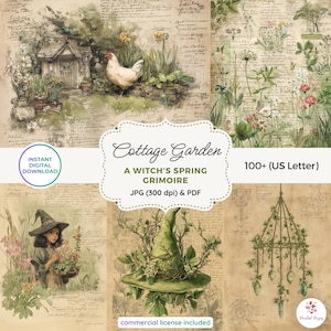 May include: Digital download featuring a collage of illustrations with a cottage garden theme. Includes images of a witch, a chicken, flowers, and a witch's hat. Text includes "Cottage Garden" and "A Witch's Spring Grimoire".