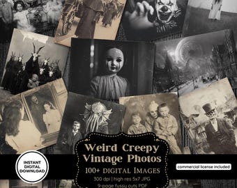 Puede incluir: Una colección de fotos vintage en blanco y negro con temática de terror. Las imágenes incluyen un payaso, una muñeca, figuras con capas y otros sujetos inquietantes. Las fotos están dispuestas alrededor de un gráfico central que dice "Weird Creepy Vintage Photos."