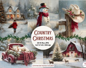 May include: A digital art print titled "Country Christmas" featuring a collage of winter scenes. The images include a snowman, a red pickup truck with a cow, a snowy house, a cowboy hat, and a red barn. The text reads "30 Hi Res JPG, 5x7 & 7x5 | 300 dpi".