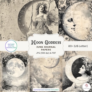 Puede incluir: Una colección de papeles digitales de estilo vintage con temática celestial. El diseño presenta ilustraciones de la luna, una mujer en un columpio y elementos florales. El texto en la imagen dice "Moon Goddess Junk Journal Papers" y "80+ (US Letter)".