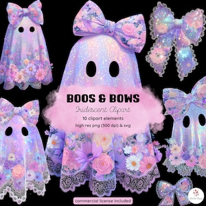 May include: A digital illustration featuring several ghost figures with floral accents and bows. The ghosts are in shades of purple, pink, and white, with black eye cutouts. The text "BOOS & BOWS Iridescent Clipart" is also visible.
