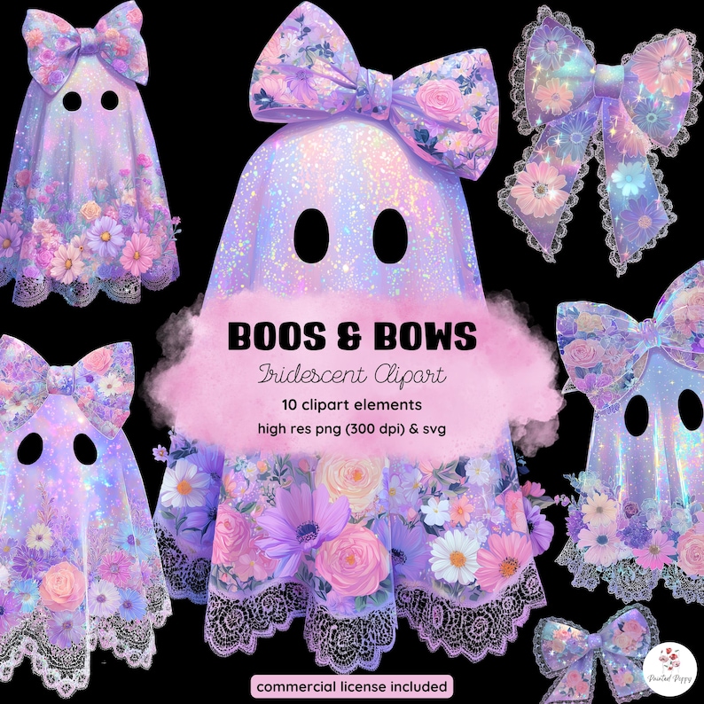 May include: A digital illustration featuring several ghost figures with floral accents and bows. The ghosts are in shades of purple, pink, and white, with black eye cutouts. The text "BOOS & BOWS Iridescent Clipart" is also visible.