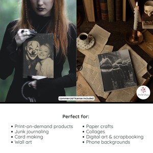 May include: A woman in a black dress holds a notebook with a vintage photo of a clown and a woman. Another notebook with a black and white photo of people in costumes is on a table with old books, a cup of coffee, and a lit candle. The image includes the text "commercial license included".