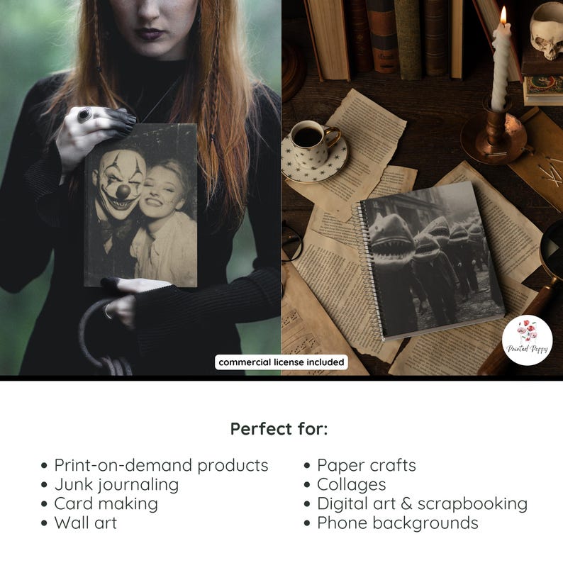 May include: A woman in a black dress holds a notebook with a vintage photo of a clown and a woman. Another notebook with a black and white photo of people in costumes is on a table with old books, a cup of coffee, and a lit candle. The image includes the text "commercial license included".