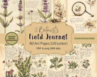 May include: A digital collection titled A Botanist's Field Journal featuring 80 art pages in US Letter size. The pages display vintage-style botanical illustrations of purple flowers, leaves in jars, and magnifying glasses with handwritten cursive notes.