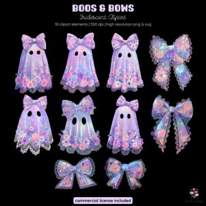 May include: Digital clipart set featuring iridescent ghosts and bows. The ghosts are draped in flowing fabric, adorned with floral accents and lace trim. The bows are detailed with floral patterns and lace. The color palette includes shades of purple, pink, and blue.