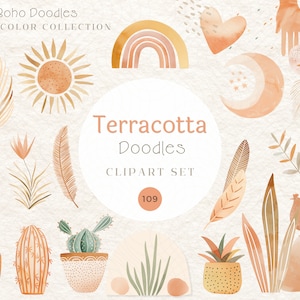 Terracotta doodles boho clipart | Doodle-clipart | Boho | Aquarel clipart | Clipart-ontwerpbundel | Digitale download | Nu trending
