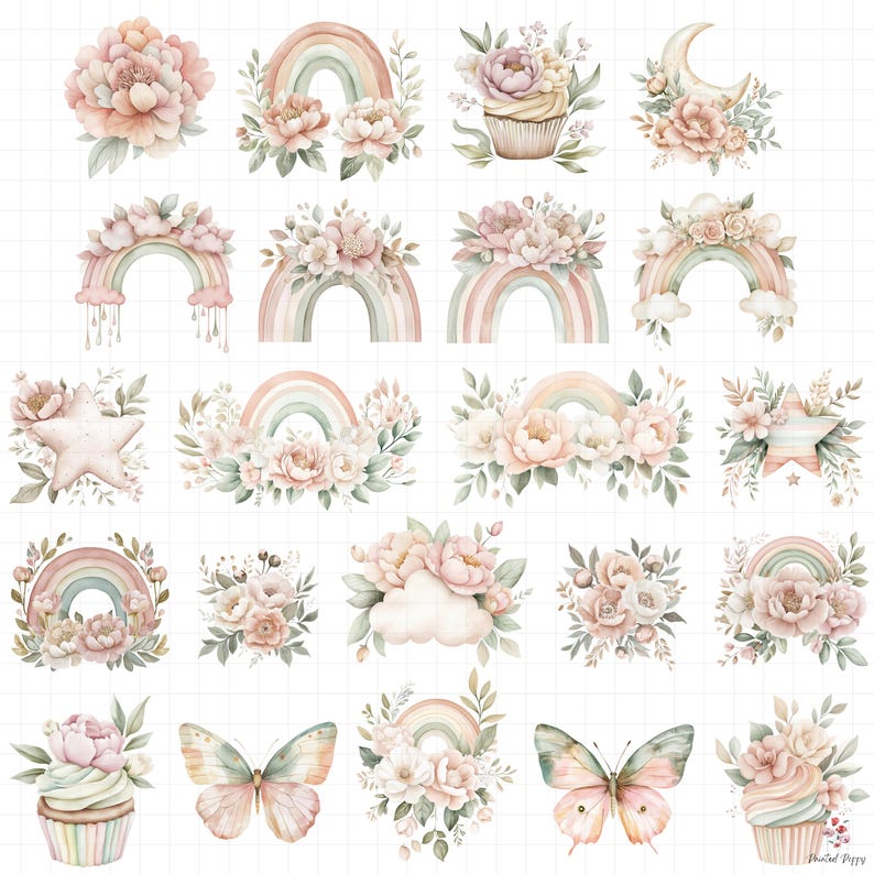 Boho Rainbow Floral Clipart Set | Watercolor Nursery Art (digital ...