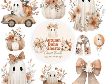 Autumn Boho Ghost Clipart Bundle | Vintage Halloween PNG