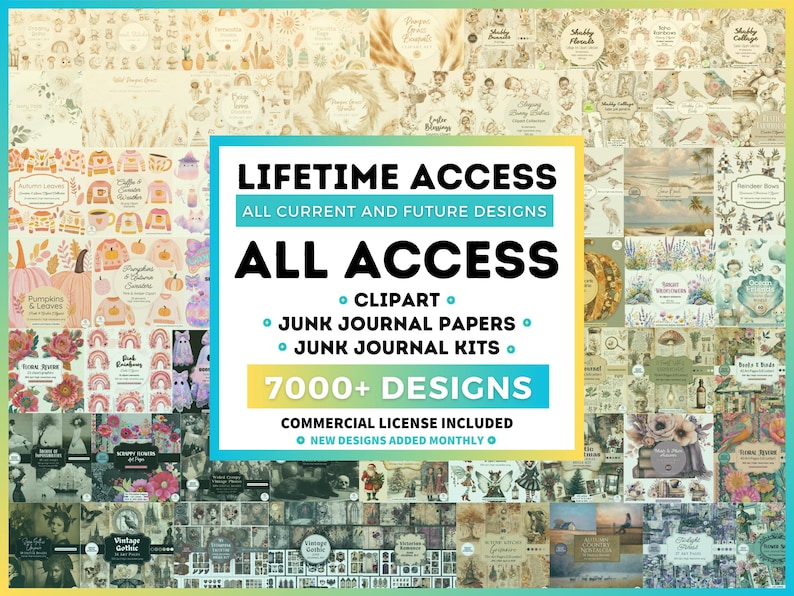 Pu&ograve; includere: Un collage di design di arte digitale con una casella di testo centrale che recita "Accesso a vita, Tutti i design attuali e futuri, All Access, Clipart, Junk Journal Papers, Junk Journal Kits, 7000+ design, Licenza commerciale inclusa, Nuovi design aggiunti mensilmente."