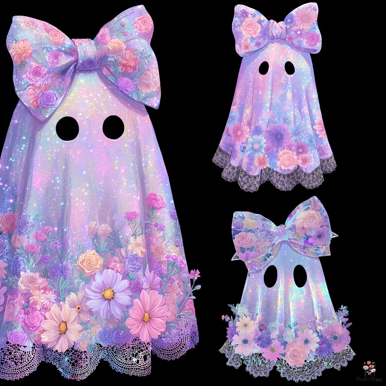 May include: Three whimsical ghost figures with floral designs. Each ghost is draped in a shimmering fabric, adorned with a large bow and a floral border. The color palette includes pastel pinks, purples, and blues, with a black background.