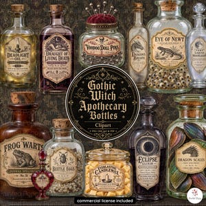 May include: A collection of glass apothecary bottles with cork stoppers, featuring vintage-style labels with names like Deadlight Oil, Draught of Living Death, Voodoo Doll Pins, Dragon's Breath, Eye of Newt, Frog Warts, Beetle Eggs, and Dragon Scales.