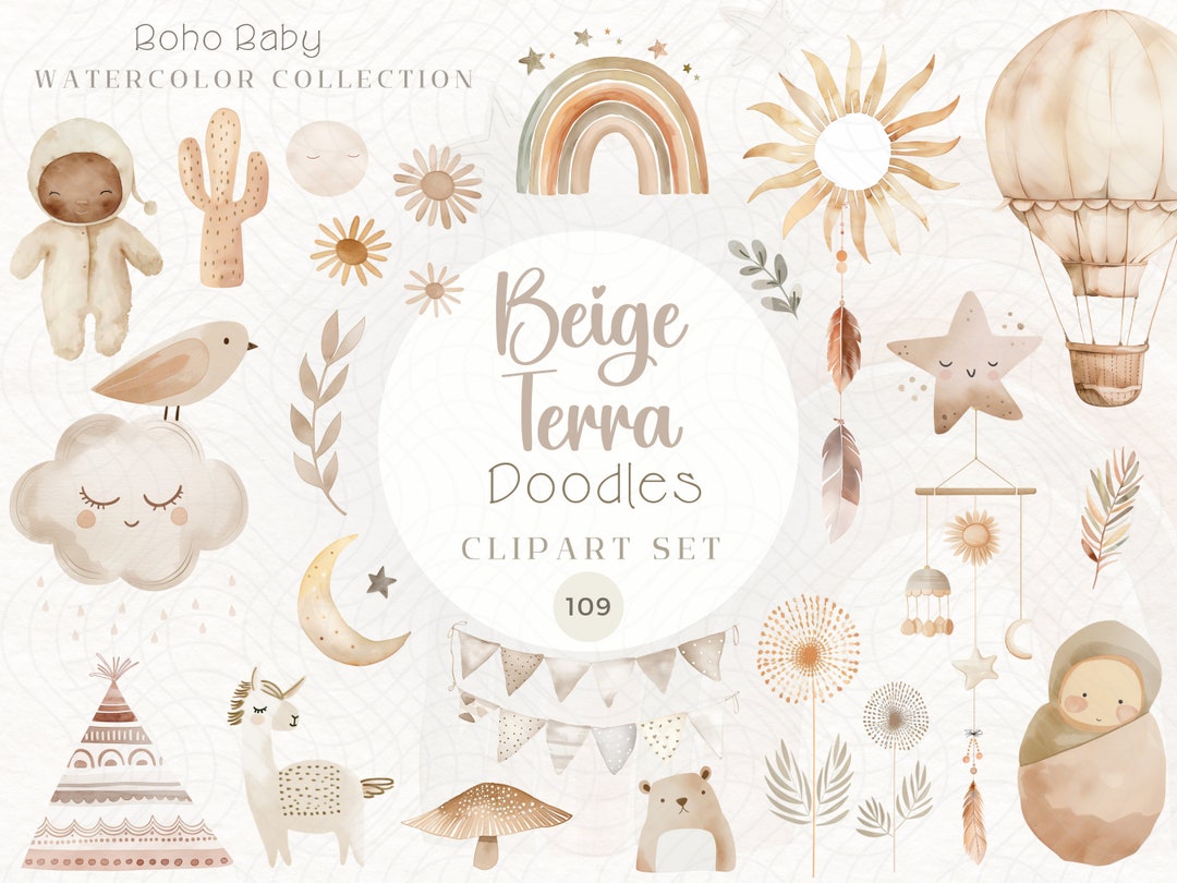 Beige Terra Boho Baby Clipart Bundle | Watercolor Nursery Graphics (109 ...