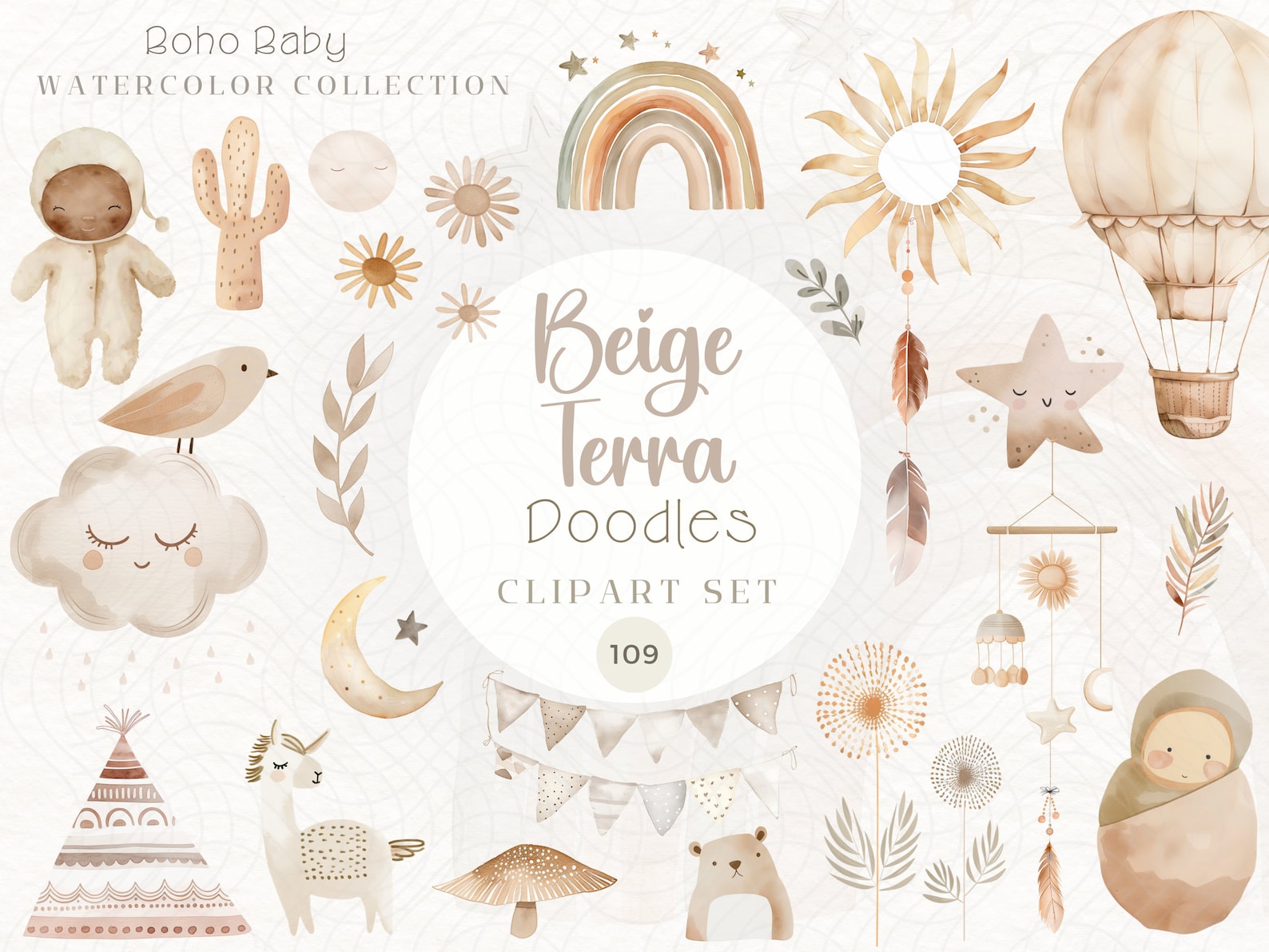 Beige Terra Boho Baby Clipart Bundle | Watercolor Nursery Graphics (109 ...