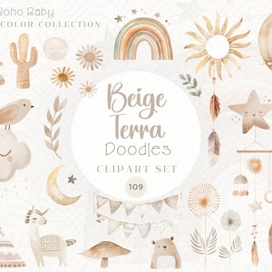 Bege Terra Boho Baby Clipart | Neutral Nursery Clipart | Aquarela Clipart | Boho Beige | Boho Nursery | Boho Baby Shower | Tendências Agora