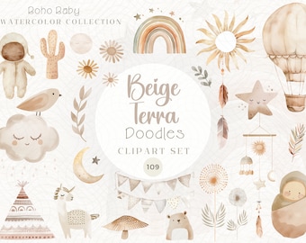 Puede incluir: Un conjunto de 19 ilustraciones de acuarela en tonos beige y marrón con elementos temáticos de bebé boho. El conjunto incluye un globo aerostático, un sol, un arcoíris, una estrella, un cactus, un pájaro, una nube, una luna, una llama, un tipi, un hongo, un oso, un diente de león, una pluma, un atrapasueños, un bebé en un arrullo y una pancarta. El texto "Beige Terra Doodles Clipart Set 109" está incluido en la imagen.