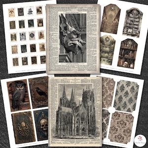 Pu&ograve; includere: Una collezione di carta stampata con tema gotico. Le immagini includono un gargoyle, una cattedrale, un gufo, un corvo e altre illustrazioni vintage. Il testo "Gothic Library Junk Journal Kit" &egrave; visibile.
