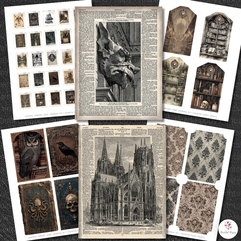 Pu&ograve; includere: Una collezione di carta stampata con tema gotico. Le immagini includono un gargoyle, una cattedrale, un gufo, un corvo e altre illustrazioni vintage. Il testo "Gothic Library Junk Journal Kit" &egrave; visibile.