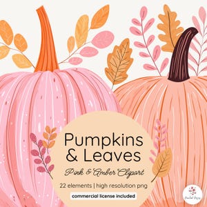 Pumpkins & Leaves Clipart | Pink Amber | Autumn Clipart | Pumpkin Clipart | Pastel Autumn | Halloween Clipart | Thanksgiving