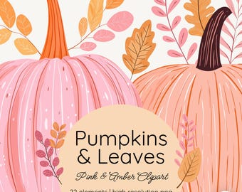 Pastel Autumn Clipart | Pink & Amber Pumpkins, Leaves (PNG, Digital Download)