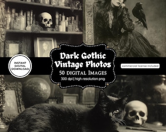 May include: A sepia-toned digital image featuring a collection of dark gothic vintage photos. The image includes a woman with a raven, a black cat, a skull, and antique bottles. Text on the image reads "Dark Gothic Vintage Photos" and "50 Digital Images."