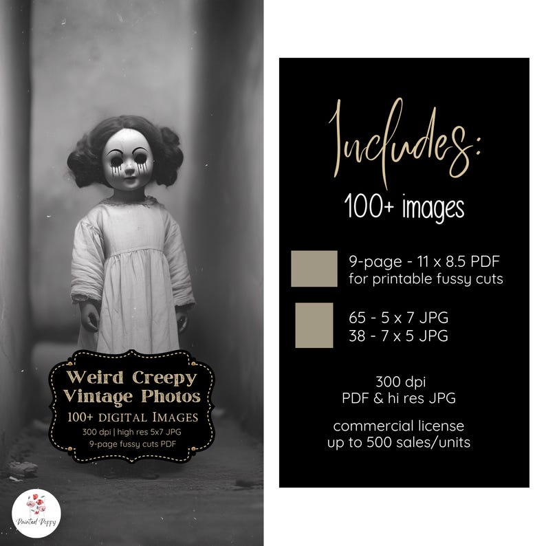 May include: A grayscale image featuring a vintage doll with a haunting expression, set against a blurred background. The image is part of a collection titled "Weird Creepy Vintage Photos," offering over 100 digital images, including high-resolution JPGs and PDF files.