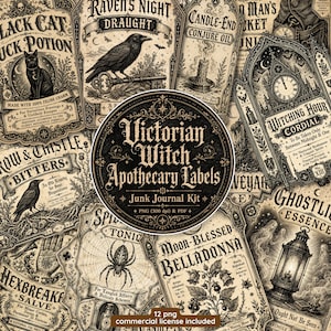 May include: A collection of vintage-style apothecary labels featuring black and beige illustrations of a cat, raven, spider, lantern, and clock. The central circular label displays the text Victorian Witch Apothecary Labels Junk Journal Kit.