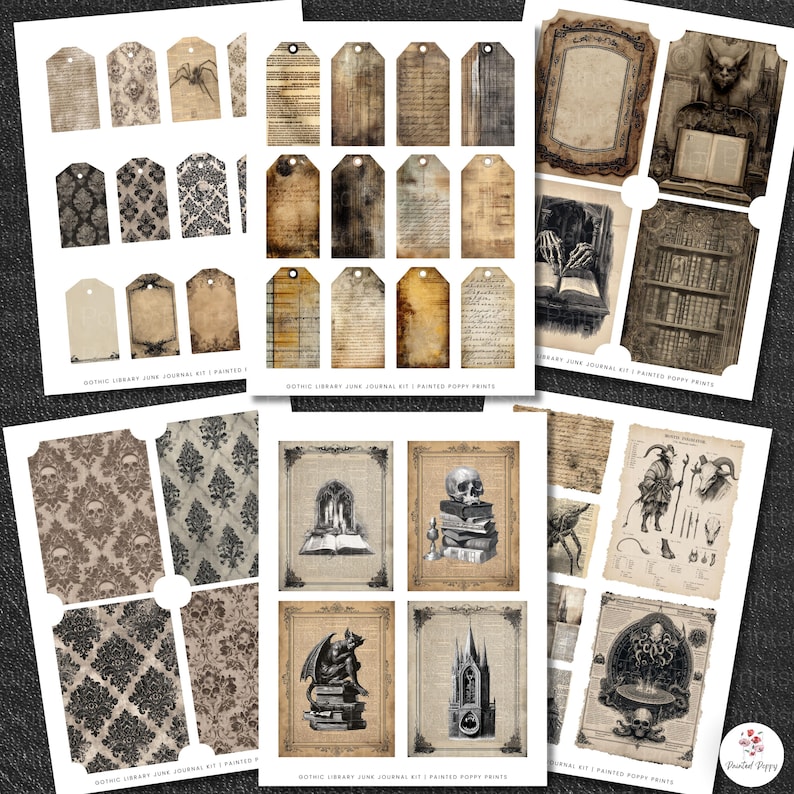 Pu&ograve; includere: Una collezione di effimeri di carta stampata con un tema di biblioteca gotica. Include etichette, carte decorate e illustrazioni incorniciate con teschi, gargoyle ed elementi architettonici. La tavolozza dei colori &egrave; principalmente seppia, marrone e nero.