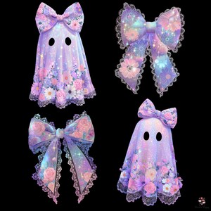 May include: Four whimsical illustrations on a black background. Two ghost figures with floral designs and bows, and two large bows with floral patterns and lace trim. The color palette includes pastel purples, pinks, and blues.