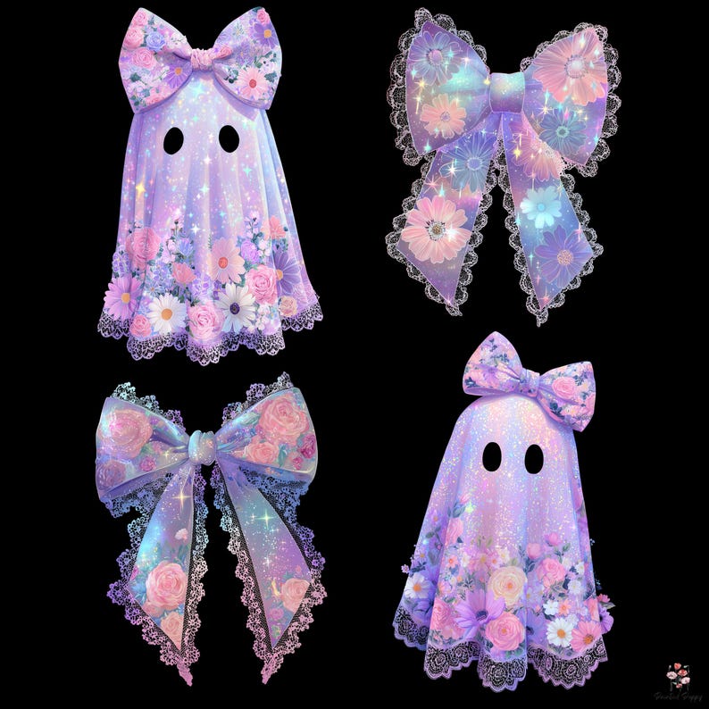 May include: Four whimsical illustrations on a black background. Two ghost figures with floral designs and bows, and two large bows with floral patterns and lace trim. The color palette includes pastel purples, pinks, and blues.