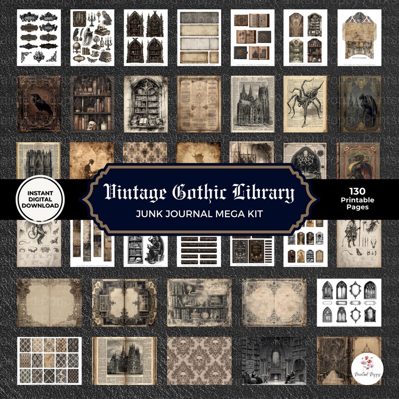 Pu&ograve; includere: Una collezione di pagine di diario spazzatura a tema biblioteca gotica vintage. L'immagine include varie illustrazioni, sfondi ed elementi decorativi. Il testo sull'immagine recita "Vintage Gothic Library" e "Junk Journal Mega Kit". Ci sono 130 pagine stampabili.