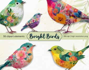Bright Birds Clipart | Mixed Media Collage Art | Bird Collage Art | Jewel Tones | Bird png | Journal Fussy Cut | Trending Now