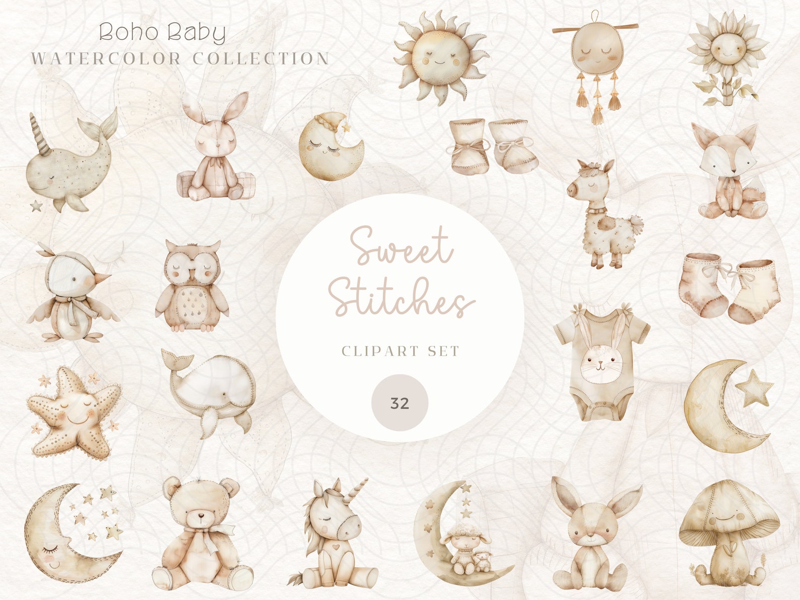 Boho Baby Stuffed Animal Clipart Neutral Nursery Clipart Watercolor ...