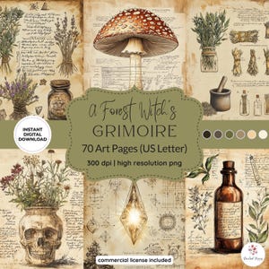 Grimoire kunstpagina's bosheks | Bosheks | Groene woudheks | Plakboeken | Afdrukbaar papier | Afdrukbare grimoire | Nu trending