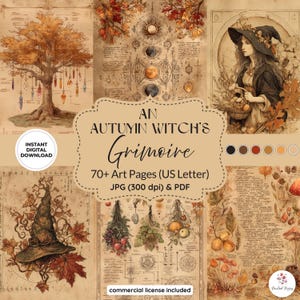 May include: An Autumn Witch's Grimoire digital download featuring vintage-style art pages. The image includes illustrations of a tree, a witch, and botanical elements. The text reads "Instant Digital Download" and "70+ Art Pages (US Letter)".