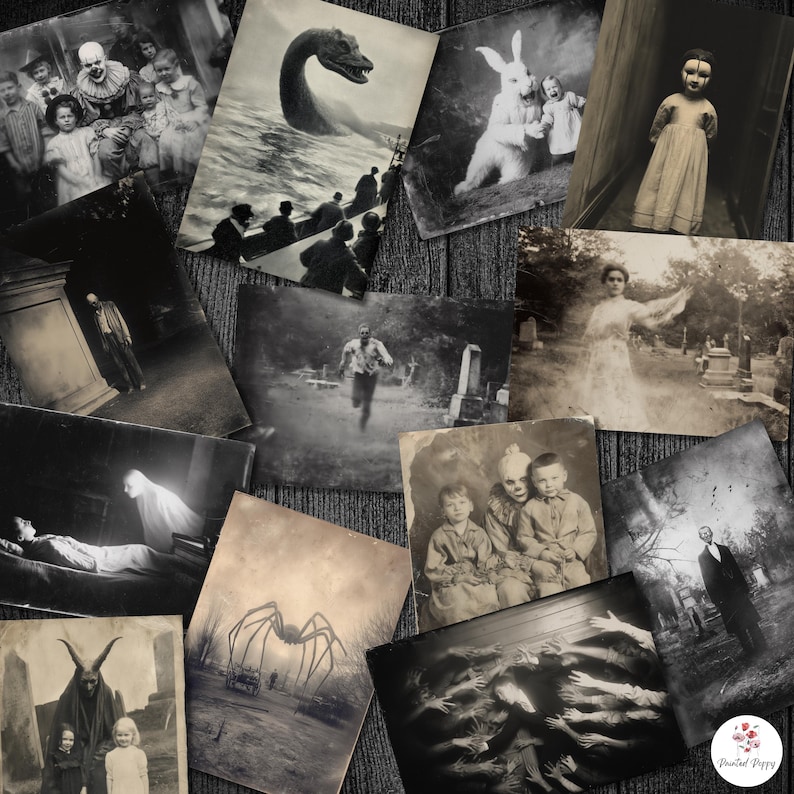 May include: A collection of vintage-style, black and white photographs with a spooky theme. Images include a sea monster, a person running, a clown, a doll, a ghost, and other eerie scenes. The photographs are arranged on a dark wooden surface.