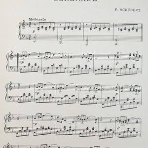 Może przedstawiać: Nuty do utworu "Serenade" F. Schuberta. Utwór jest napisany w tonacji G-dur i ma takt 4/4. Pierwszy wers nut to "Moderato".