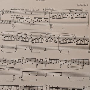 Könnte beinhalten: Eine Partitur für ein Duett mit dem Titel "Duetto" von einem unbekannten Komponisten. Die Musik ist in C-Dur geschrieben und steht im 4/4-Takt. Die Tempoangabe lautet "Andante con moto" (in moderatem Tempo mit Bewegung). Die Musik ist für zwei Instrumente, wahrscheinlich Klavier oder Keyboard. Die Partitur enthält Noten, Tempoangaben und dynamische Markierungen.