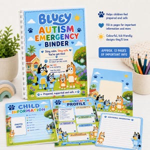 May include: A Bluey-themed autism emergency binder with a spiral binding, featuring colourful illustrations of the characters. The set includes several printed pages with sections for child information, communication profiles, and additional notes.
