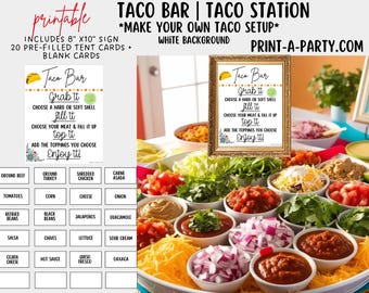 Printable TACO BAR | Taco Station - White | Make your own Tacos Sign | Taco Bar Station | DIY Taco Bar | Food Station for Party | Party Food