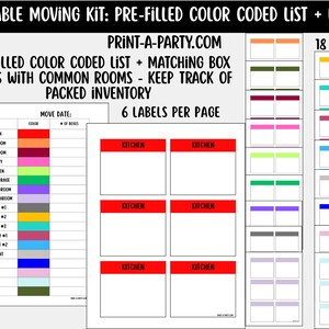 Op de afbeelding: Printbare verhuisset met vooringevulde kleurgecodeerde lijst en labels. De set bevat bijpassende boxlabels met gemeenschappelijke ruimtes om de verpakte inventaris bij te houden. De set bevat 18 kleuren en 6 labels per pagina. De tekst op de labels luidt "Keuken".