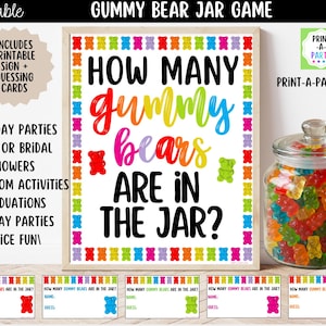 May include: A colorful "Gummy Bear Jar Game" sign with a glass jar filled with gummy bears. The sign reads "How Many Gummy Bears Are In The Jar?" and includes guessing cards. Perfect for birthday parties, showers, and office fun.