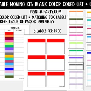 Peut inclure: Kit de déménagement imprimable avec une liste vierge à code couleur et des étiquettes de boîte assorties. Le kit comprend une liste à code couleur pour suivre l'inventaire emballé. Les étiquettes sont rouges et blanches, avec 6 étiquettes par page. Le texte dit "PRINT-A-PARTY.COM".