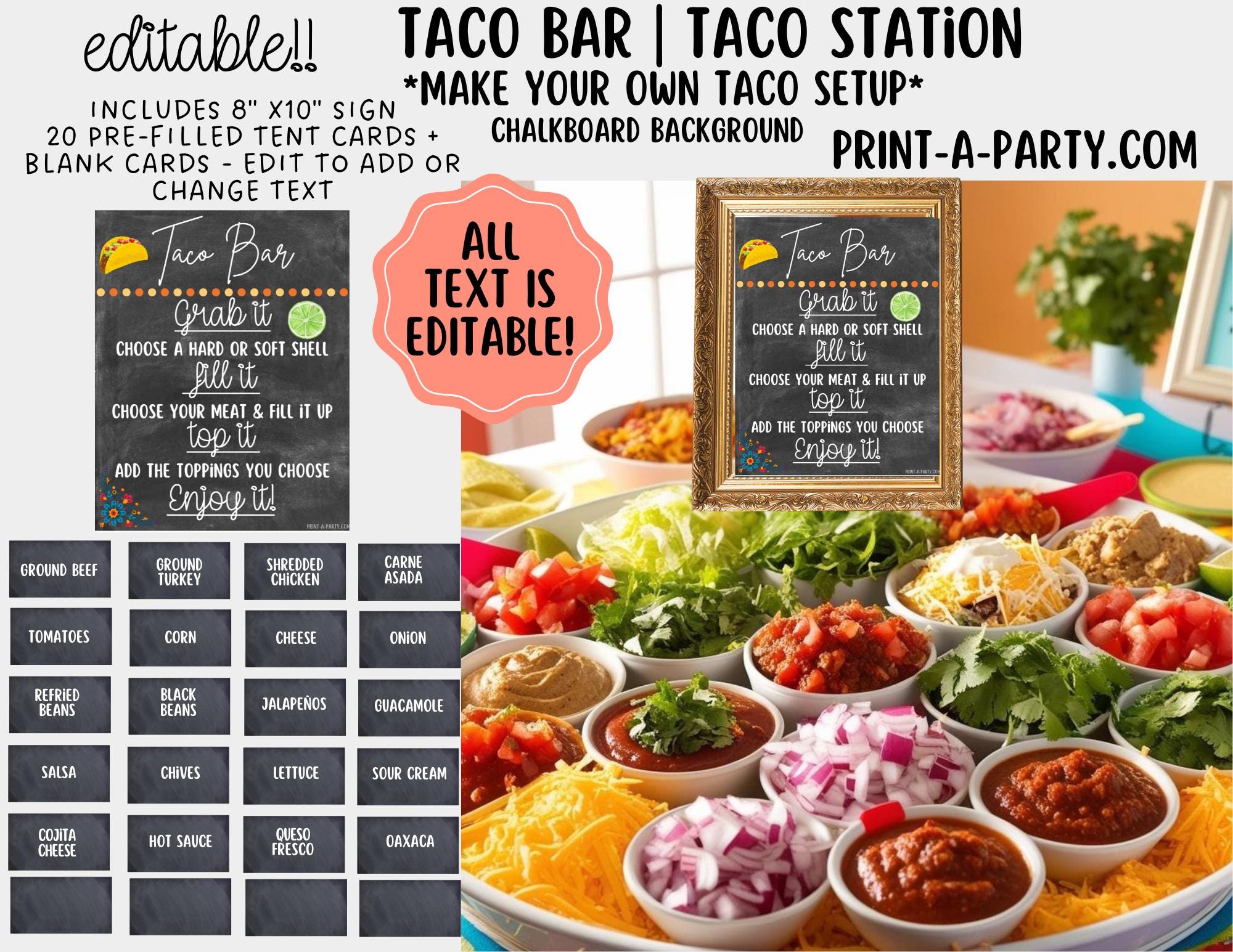 Bearbeitbare TACO BAR - Chalkboard Sign and Toppings Label Vorlagen für Partys, Duschen, Veranstaltungen, Büro, Urlaub und mehr! Party-Food-Bar