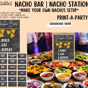 Editable Nacho Bar Sign and toppings labels: Chalkboard Party Food (Canva) for parties, showers, holidays
