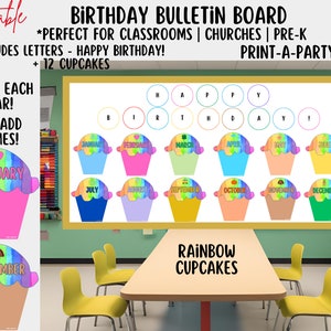 BACK TO SCHOOL: Birthday Bulletin Board Printable Display - Monthly Rainbow Cupcake Theme for Classroom Decor, Birthday Board