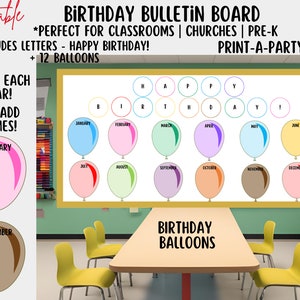 BACK TO SCHOOL: Birthday Bulletin Board Printable Display - Monthly Balloon Theme for Classrooms, Birthday Board Display, Classroom Decor