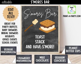 Plaque de bar S'Mores modifiable (8 x 10) et modèle sur toile de cartes de garniture de tente - Parfait pour les fêtes, les douches et les événements